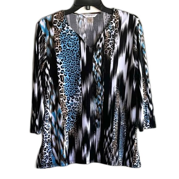 Allison Daley Knit Top Blouse Animal Print Sz Small Petite 3/4 Sleeves Stretch - Picture 1 of 6